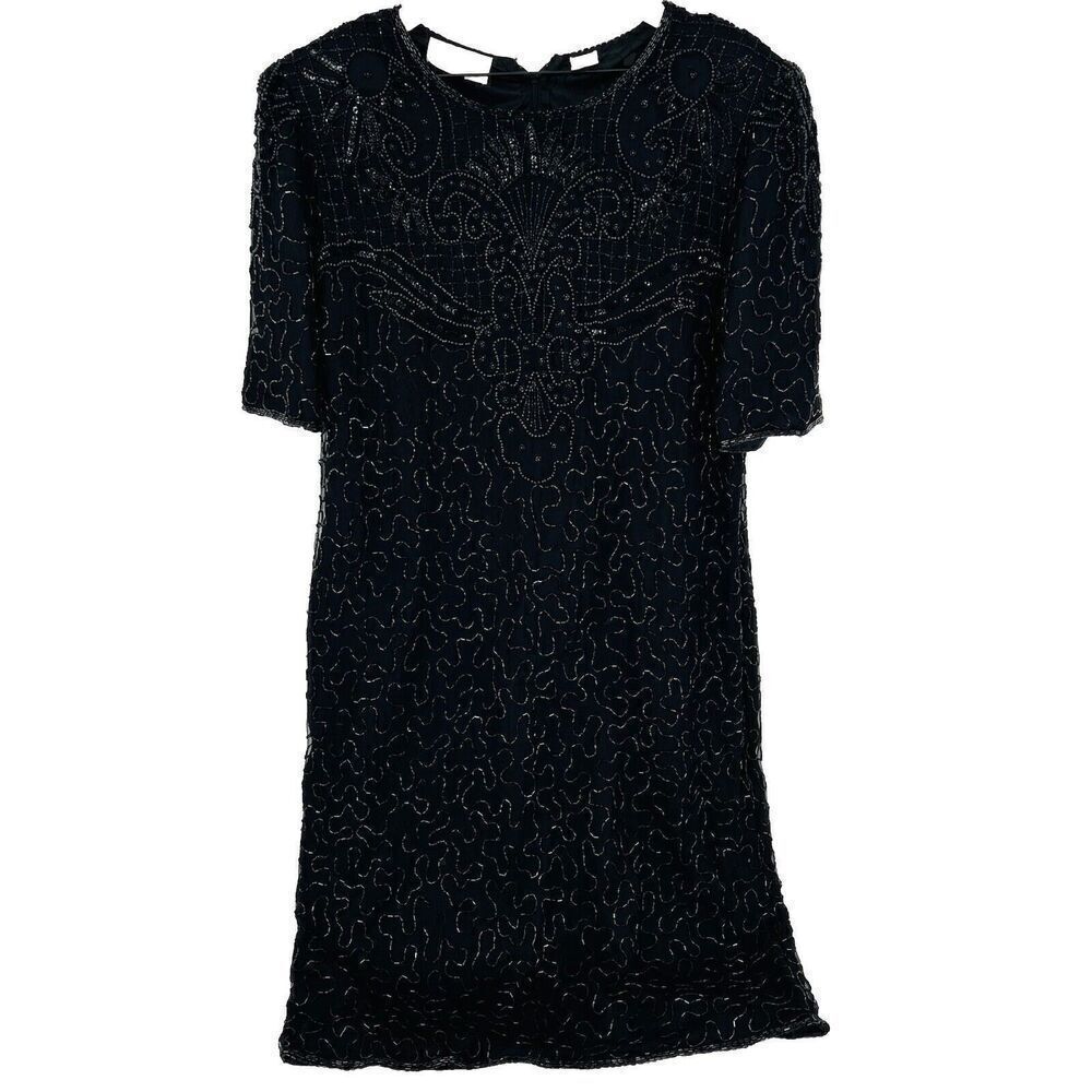 Laurence Lazarus Black Beaded Dress Size 1X Silk VTG